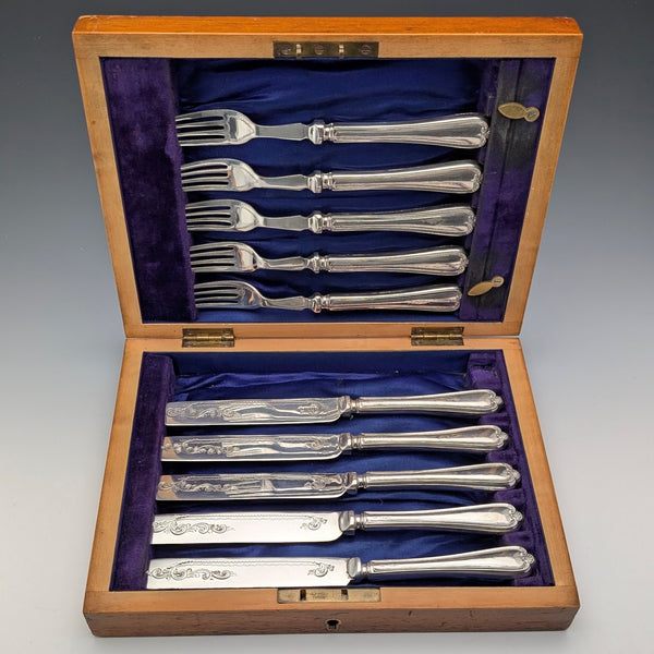 Circa 1939 British Vintage Pure Silver Handle Cutlery 5 Pairs Barker Brothers Wooden Box
