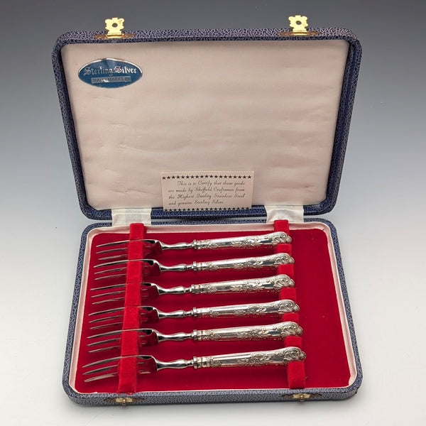 1973 British Vintage Sterling Silver Handle Dessert Fork x6 Harrison Brothers Case Included