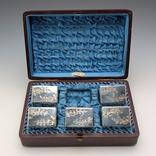 Circa 1900 British antique silver plate napkin rings, set of 5 in case