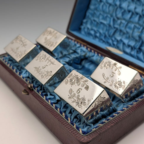 約 1900 年英國古董鍍銀餐巾環 5 件套帶盒