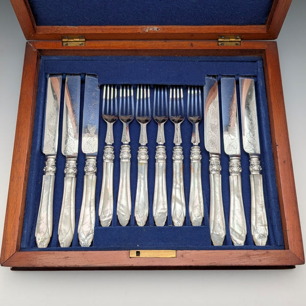 Circa 1875 British antique white mother-of-pearl handle dessert cutlery, 6 pairs, in wooden box