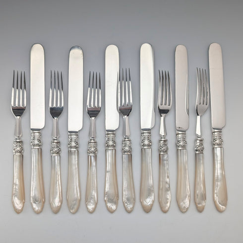 1875年頃 英国アンティーク 白蝶貝ハンドル デザートカトラリー6ペア 木箱入