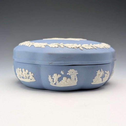 Vintage British Wedgwood Jasperware Round Box for Small Items, Pale Blue