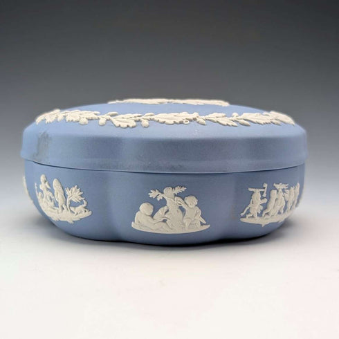 Vintage British Wedgwood Jasperware Round Box for Small Items, Pale Blue
