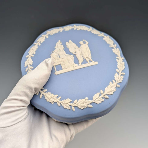 Vintage British Wedgwood Jasperware Round Box for Small Items, Pale Blue