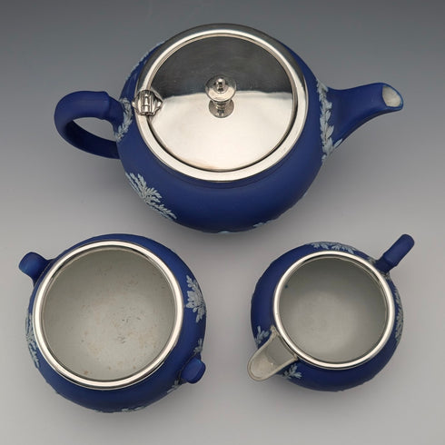British antique Wedgwood tea set, Jasperware, Royal Blue