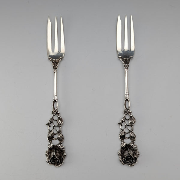 German vintage 835 silver dessert fork pair with rose engraving by August Betz