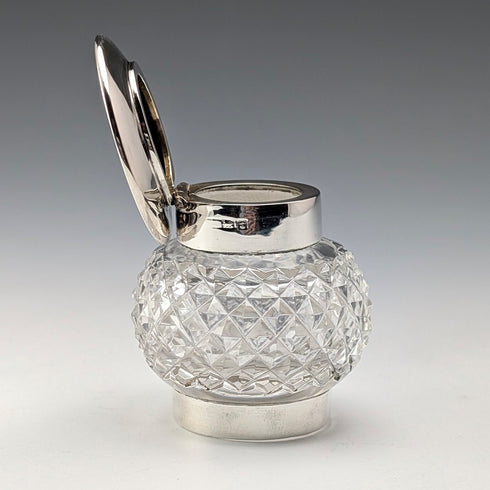 1905年 英国アンティーク 純銀蓋&カットガラス製 インク壺 Colen Hewer Cheshire