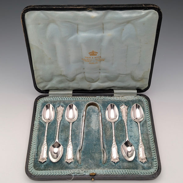 1912 British antique sterling silver tea spoons and sugar tongs set, 6 pieces, 108g, case included, Joseph Rodgers & Sons