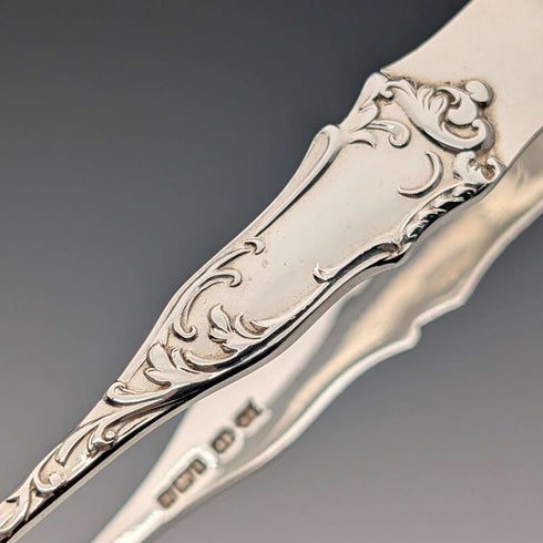 1912 British antique sterling silver tea spoons and sugar tongs set, 6 pieces, 108g, case included, Joseph Rodgers & Sons