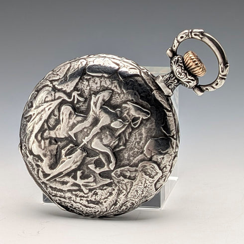 Circa 1902 Antique Longines Pocket Watch with Warrior & Ship Engravings, Silver Side Hunter Case, Good Working Condition