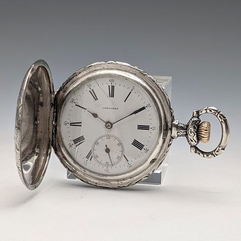Circa 1902 Antique Longines Pocket Watch with Warrior & Ship Engravings, Silver Side Hunter Case, Good Working Condition