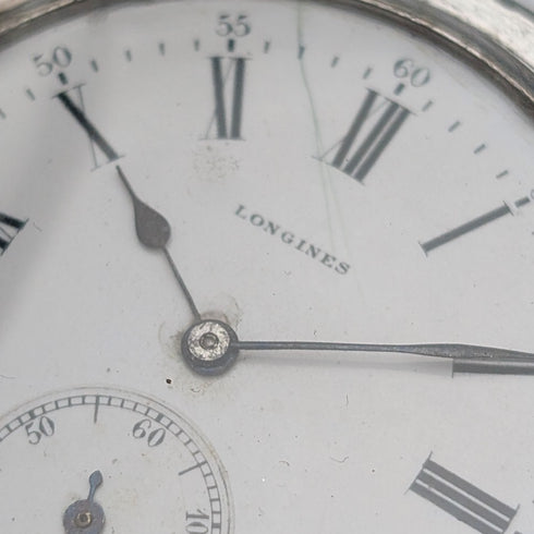 Circa 1902 Antique Longines Pocket Watch with Warrior & Ship Engravings, Silver Side Hunter Case, Good Working Condition