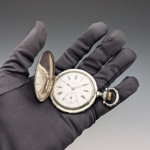 Circa 1902 Antique Longines Pocket Watch with Warrior & Ship Engravings, Silver Side Hunter Case, Good Working Condition