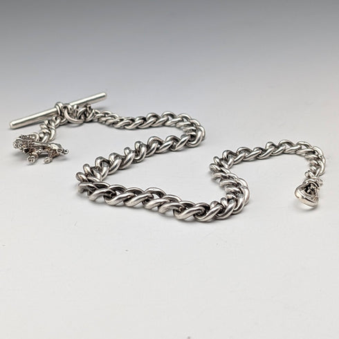 1900年頃 英国アンティーク 純銀製アルバートチェーン 41g 純銀ライオンパサントフォブ