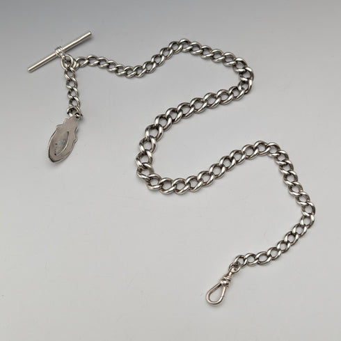 1900年頃 英国アンティーク 純銀製アルバートチェーン 38g ムーンストーンフォブ