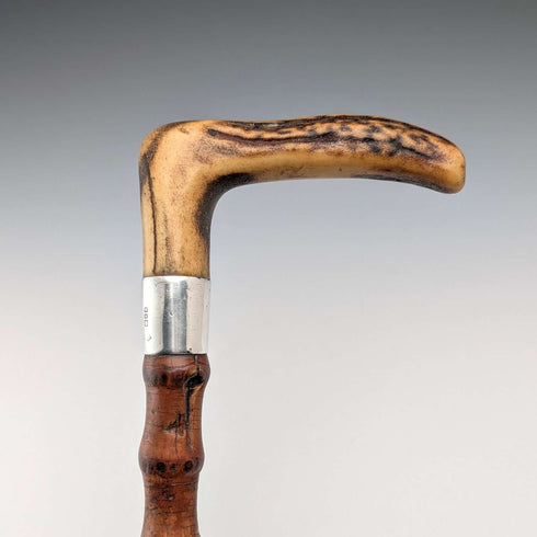 1901 年英國古董竹軸 L 形鹿角手柄純銀裝飾手杖 手杖 81 厘米
