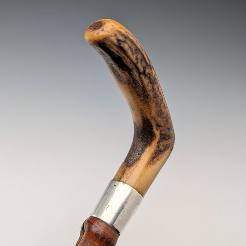 1901 年英國古董竹軸 L 形鹿角手柄純銀裝飾手杖 手杖 81 厘米