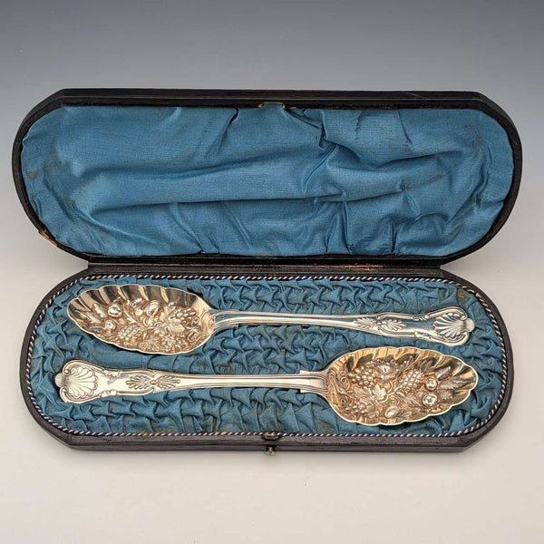 Late 19th Century British Antique Silver Plate Berry Spoons Pair Walker & Hall with Case