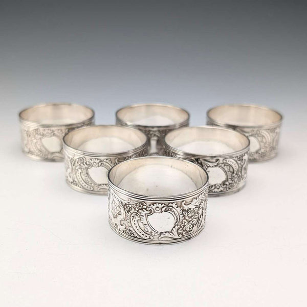 Antique British silver plate napkin rings, set of 6