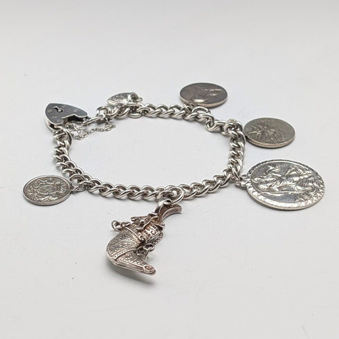 1970年頃 英国ヴィンテージ 純銀製 チャームブレスレット 40g