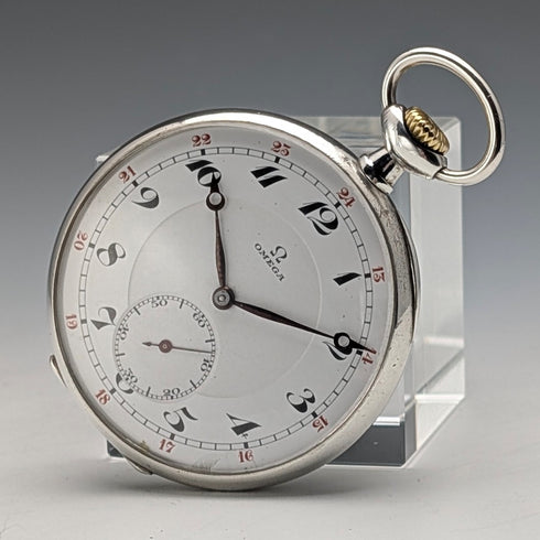 1915年頃 アンティーク オメガ 懐中時計 銀側薄型オープンフェース 動作良好