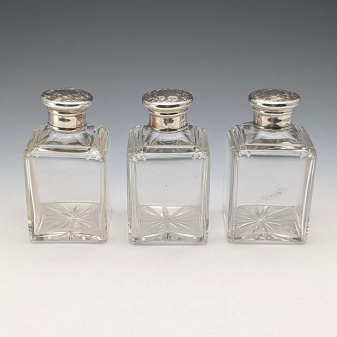 1867 British antique silver-capped glass bottles, set of three, James Vickery
