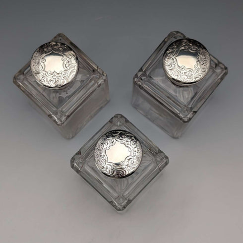1867 British antique silver-capped glass bottles, set of three, James Vickery