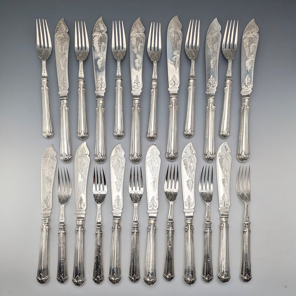 1869 British Antique All Pure Silver Fish Cutlery Set, 12 Pairs, Total Weight 1161g, Mappin Brothers