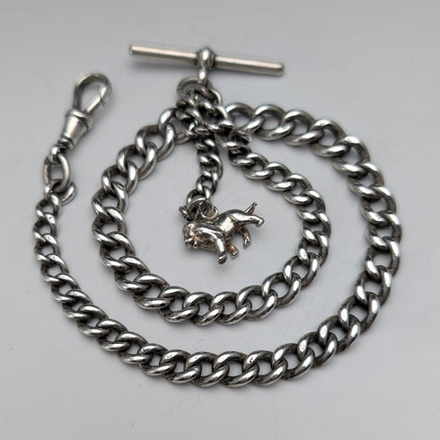 1900年頃 英国アンティーク 純銀製アルバートチェーン 42g 純銀ライオンパサントフォブ