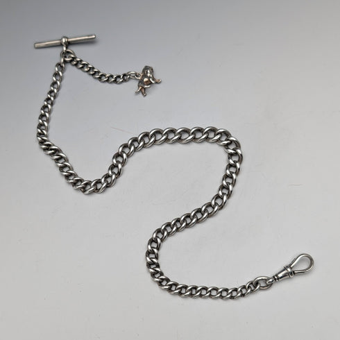 1900年頃 英国アンティーク 純銀製アルバートチェーン 42g 純銀ライオンパサントフォブ