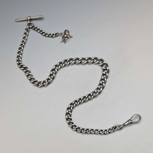 Circa 1900 British antique sterling silver Albert chain, 42g, sterling silver lion passant fob