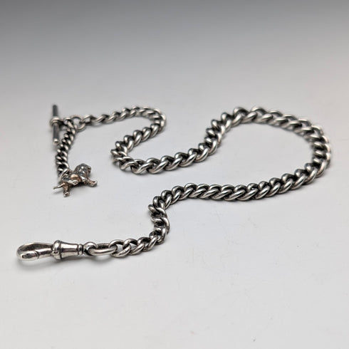 1900年頃 英国アンティーク 純銀製アルバートチェーン 42g 純銀ライオンパサントフォブ