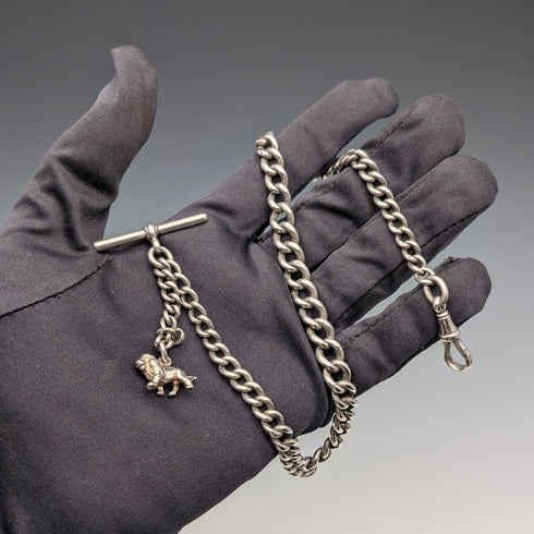 1900年頃 英国アンティーク 純銀製アルバートチェーン 42g 純銀ライオンパサントフォブ