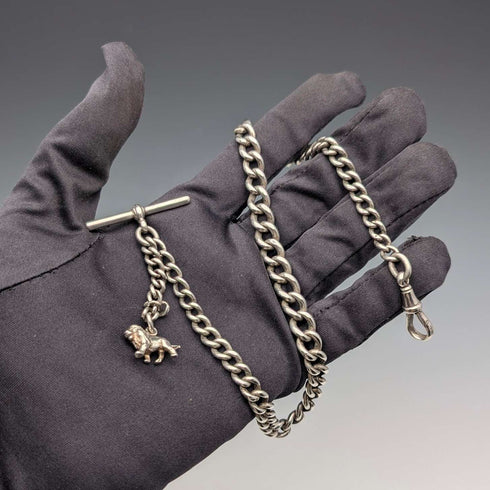 Circa 1900 British antique sterling silver Albert chain, 42g, sterling silver lion passant fob