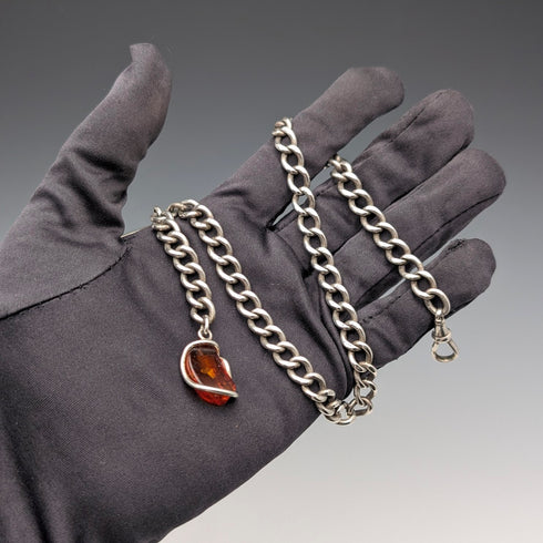 1900年頃 英国アンティーク 純銀製アルバートチェーン 40g 純銀&琥珀フォブ