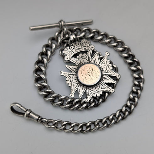 1900年頃 英国アンティーク 純銀製アルバートチェーン 56g 純銀メダルフォブ