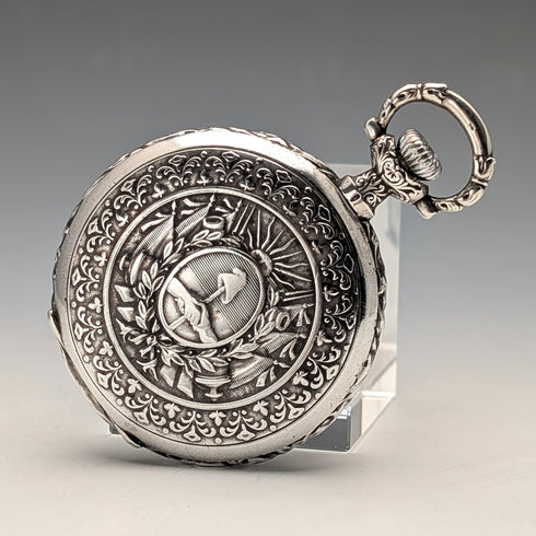 1901年頃 アンティーク ロンジン 懐中時計 細密浮彫彫刻 銀側ハンターケース 動作良好