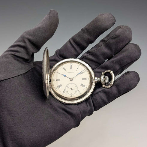 約 1901 年古董浪琴錶懷錶,微型浮雕,銀色側面獵人錶殼,狀況良好