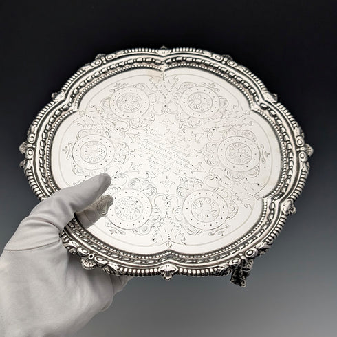 1893 年英國古董純銀 Salva 卡托盤直徑 23 公分 413 克 Charles Boyton