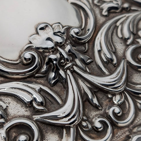 Circa 1900 British antique silver plate relief carved dressing table tray