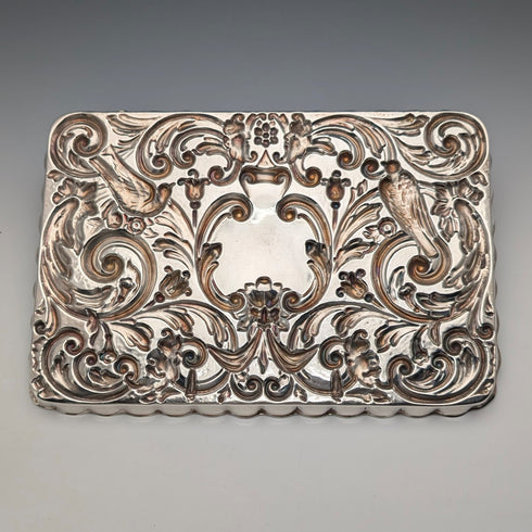 Circa 1900 British antique silver plate relief carved dressing table tray