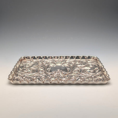 Circa 1900 British antique silver plate relief carved dressing table tray