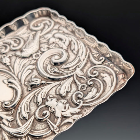 Circa 1900 British antique silver plate relief carved dressing table tray