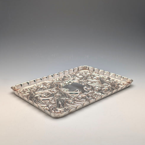 Circa 1900 British antique silver plate relief carved dressing table tray