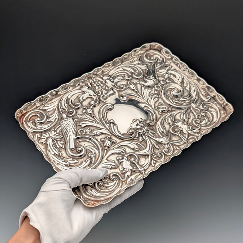 Circa 1900 British antique silver plate relief carved dressing table tray