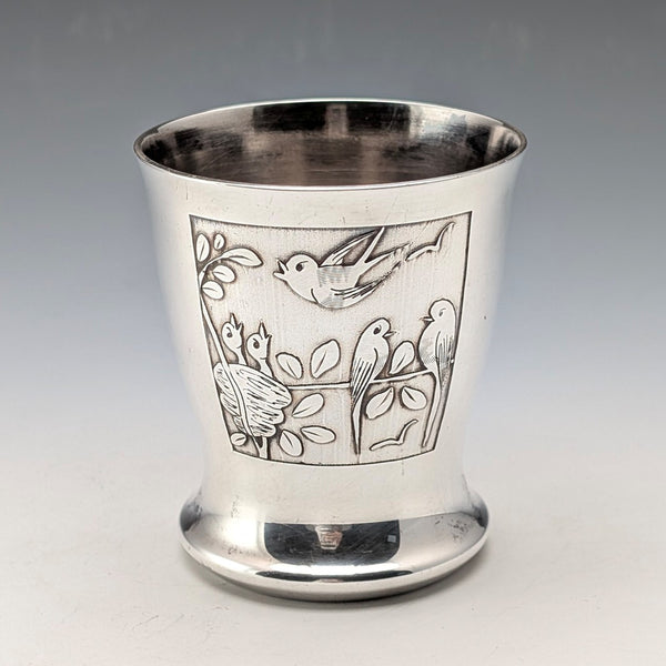 French vintage bird decoration silver plate beaker cup