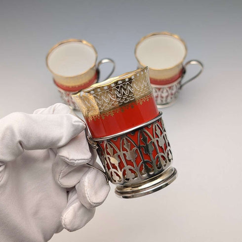 1929 British vintage porcelain cups in sterling silver holders, set of 3, Walker & Hall, AYNSLEY