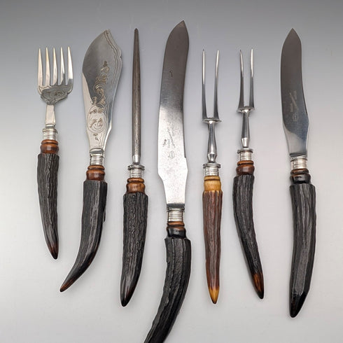 1898 年英國古董鹿角手柄 7 件套餐具套裝 William Beatson & Sons