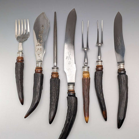 1898 年英國古董鹿角手柄 7 件套餐具套裝 William Beatson & Sons
